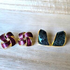 Two pairs of vintage gold tone enameled earrings stud backs